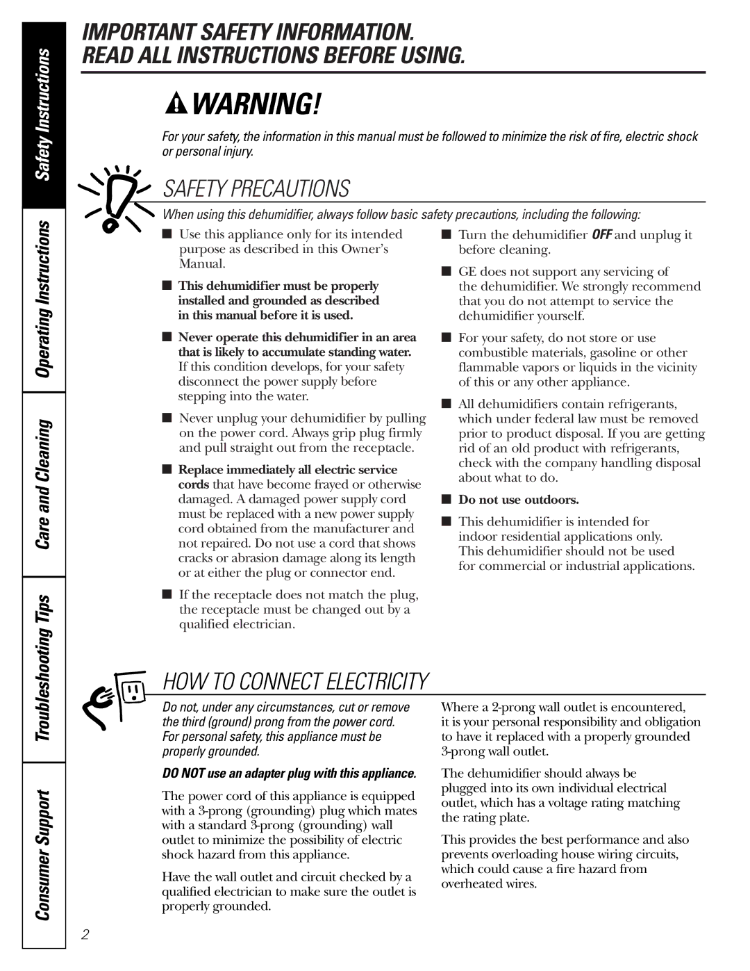 GE AHM30, AHM40, AHM65* Safety Precautions, HOW to Connect Electricity, Do not use an adapter plug with this appliance 