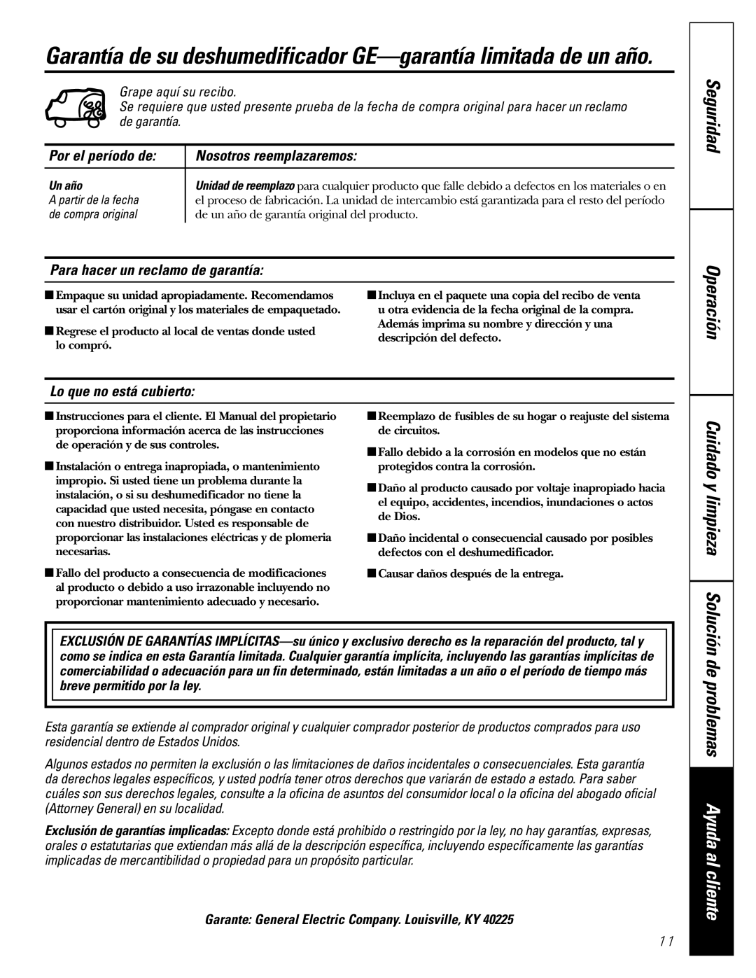 GE AHM30 Cuidado y limpieza Solución, Por el período de Nosotros reemplazaremos, Para hacer un reclamo de garantía, Un año 