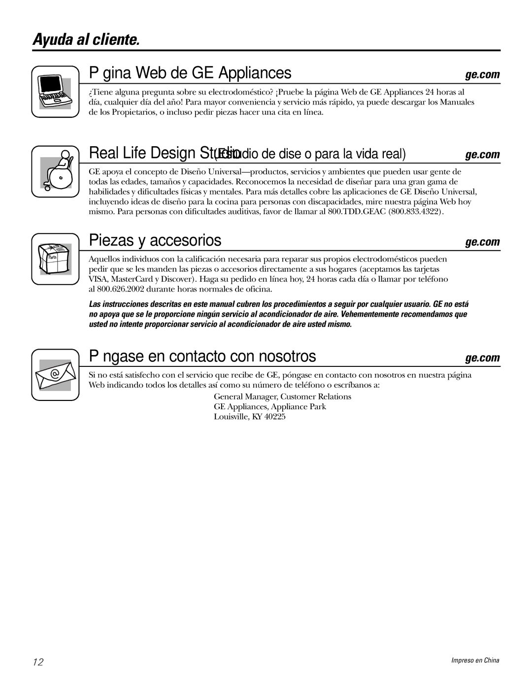 GE AHM40, AHM65*, AHM30 Ayuda al cliente Página Web de GE Appliances, Piezas y accesorios, Póngase en contacto con nosotros 