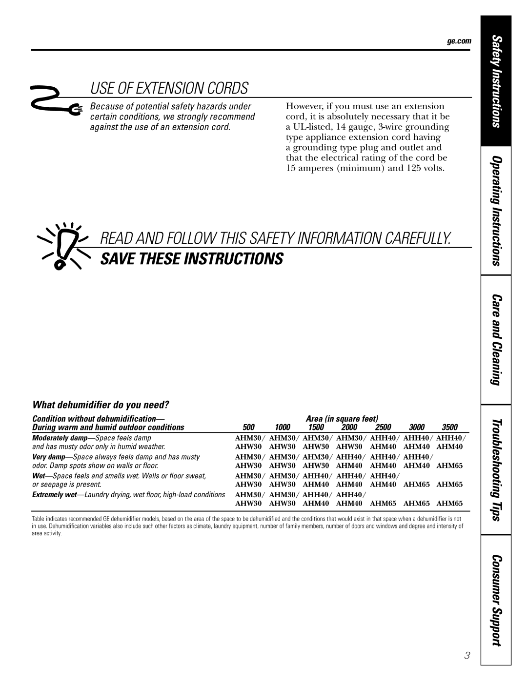GE AHM40, AHM65*, AHM30 owner manual USE of Extension Cords, Operating, What dehumidifier do you need?, Ge.com, 2000 2500 