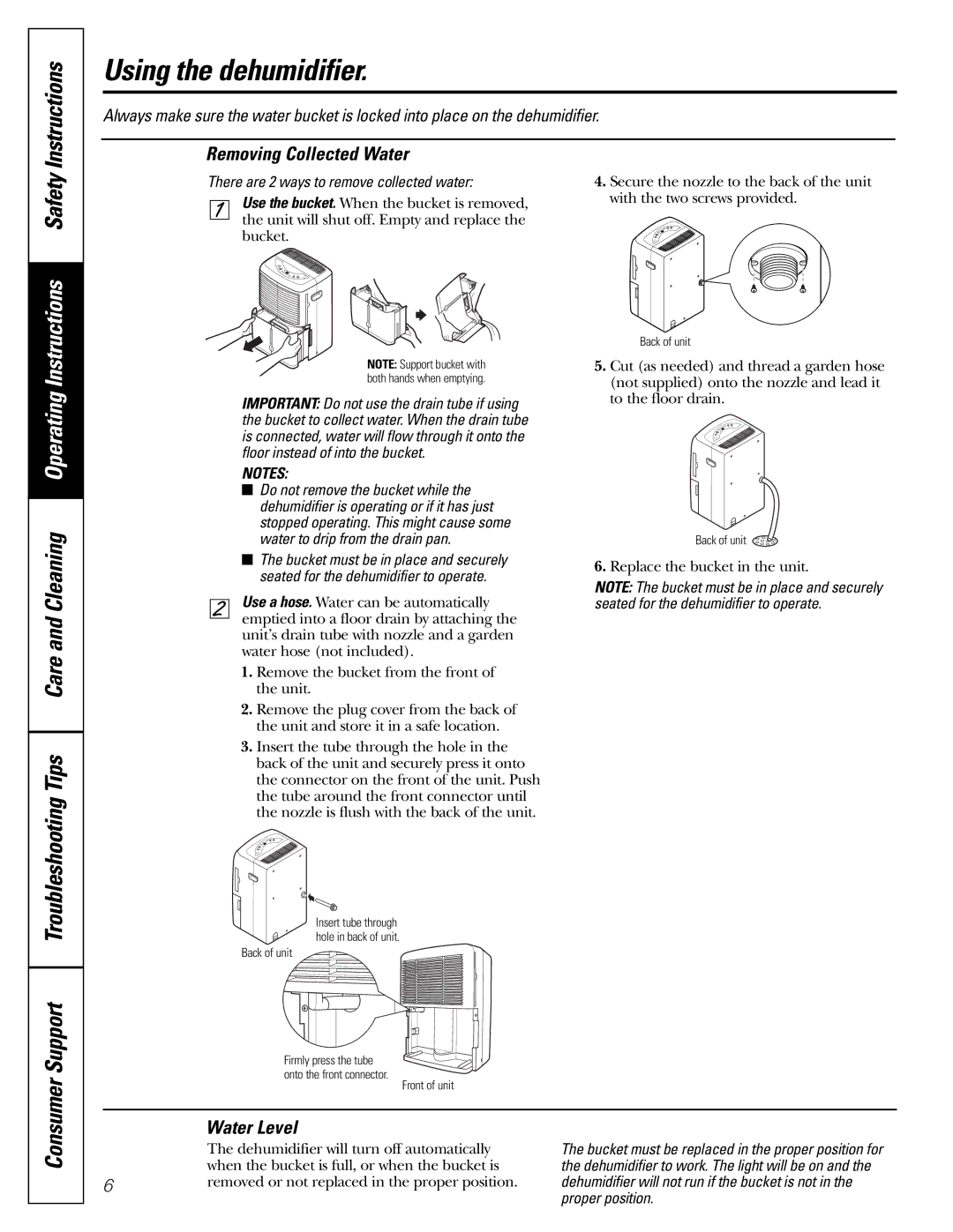 GE AHM40, AHM65* Troubleshooting Tips Care and Cleaning Operating, Consumer Support, Removing Collected Water, Water Level 