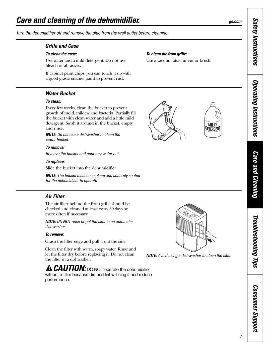 GE AHM65*, AHM40, AHM30 owner manual Care and cleaning of the dehumidifier, Grille and Case, Water Bucket, Air Filter 