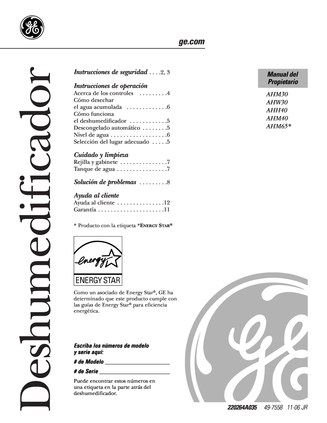 GE AHM65* Manual del, Instrucciones de operación, Propietario, Cuidado y limpieza, Solución de problemas, Ayuda al cliente 