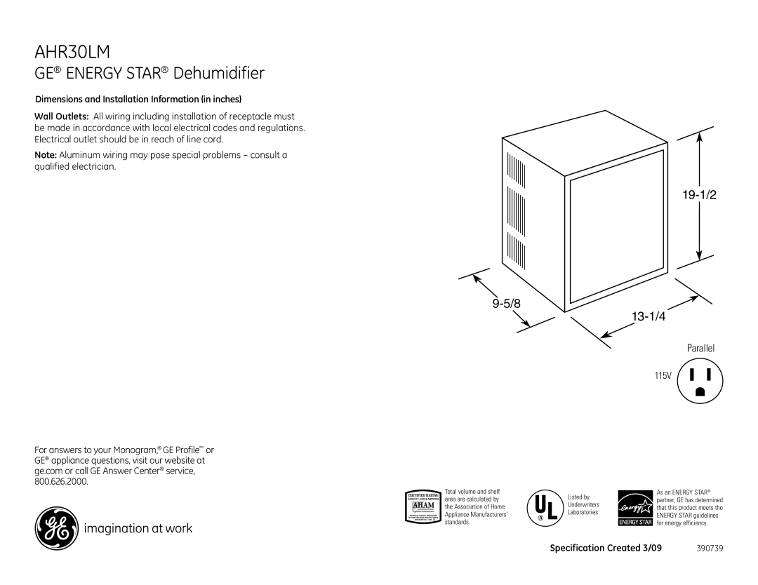 GE AHR30LM dimensions GE Energy Star Dehumidifier, 19-1/2 13-1/4, Parallel 