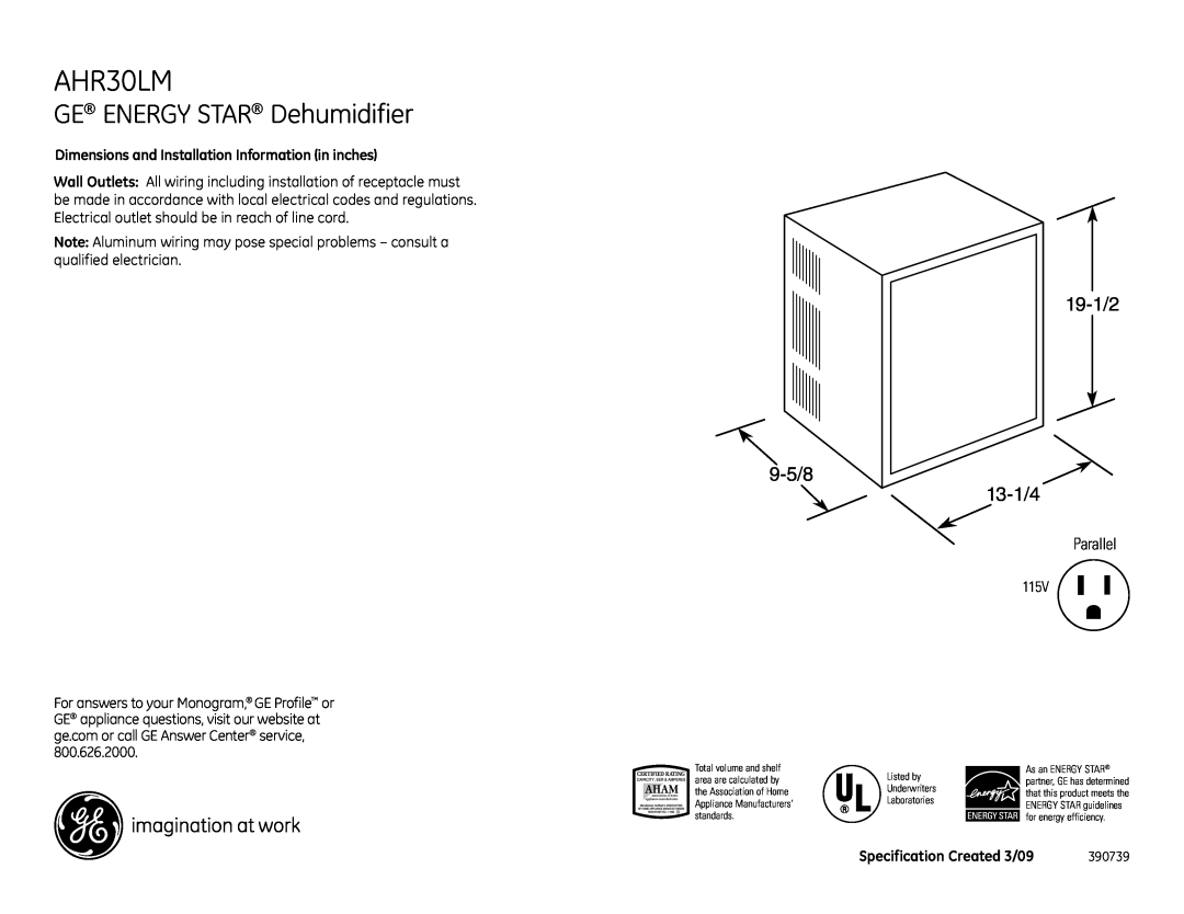 GE AHR30LM dimensions GE ENERGY STAR Dehumidifier, Parallel, Dimensions and Installation Information in inches 