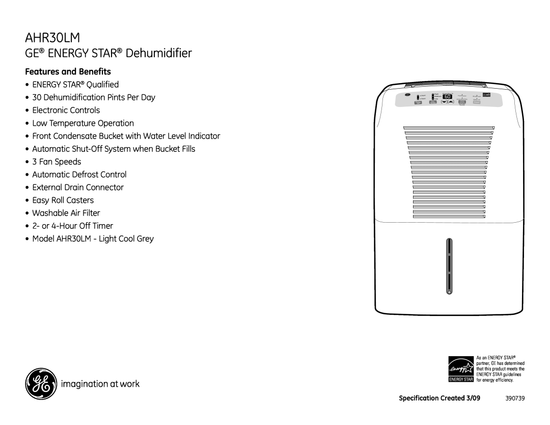 GE AHR30LM dimensions GE ENERGY STAR Dehumidifier, Features and Benefits 