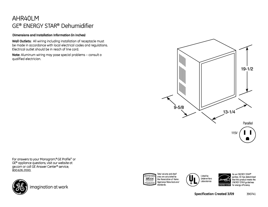 GE AHR40LM dimensions GE ENERGY STAR Dehumidifier, Parallel, Dimensions and Installation Information in inches 