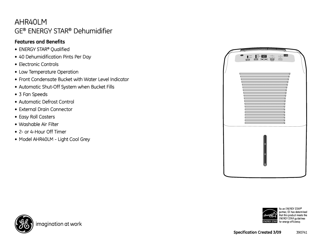 GE AHR40LM dimensions GE ENERGY STAR Dehumidifier, Features and Benefits 
