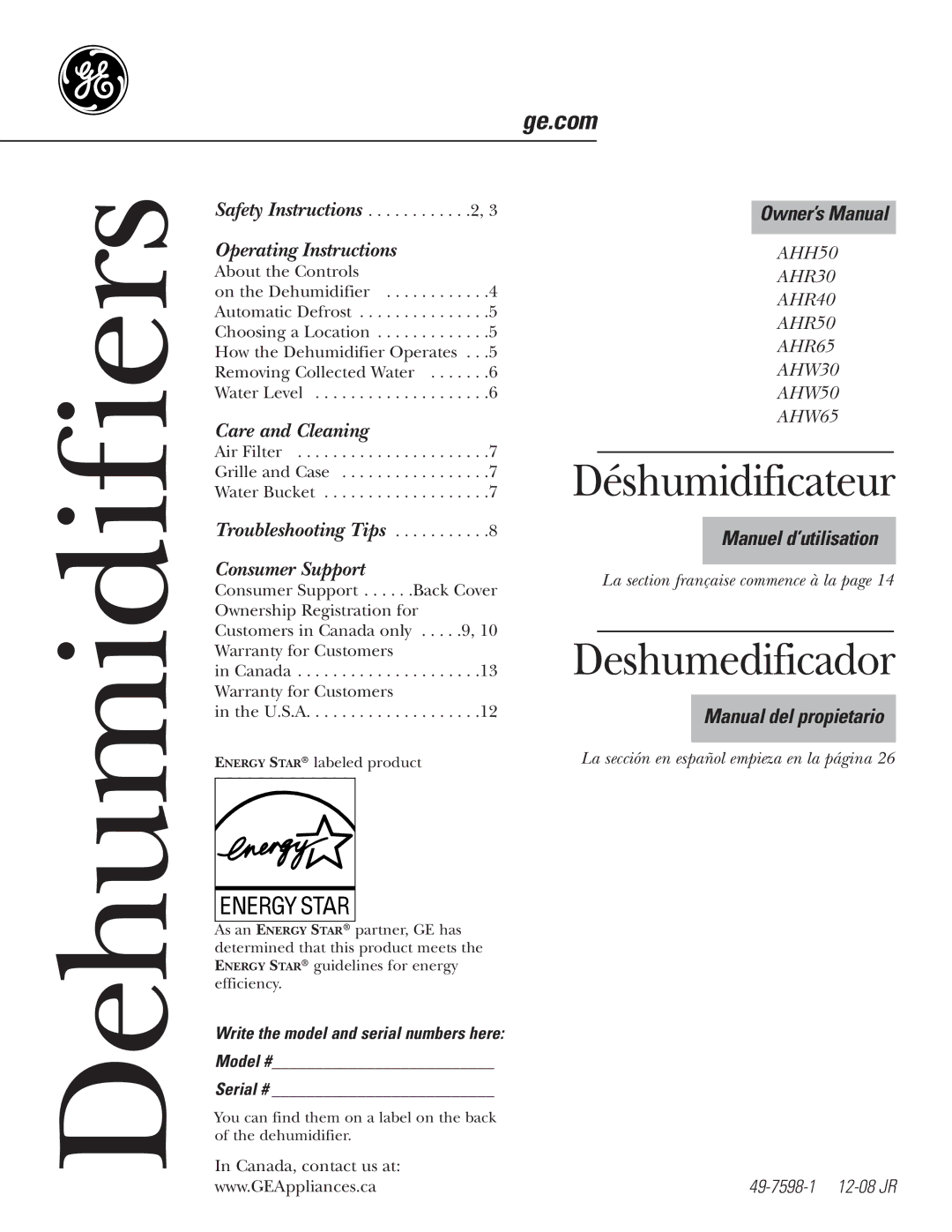 GE AHR40, AHR65, AHW65, AHW30, AHR30, AHW50, AHH50, AHR50 manual Dehumidifiers, 49-7598-1 12-08 JR 