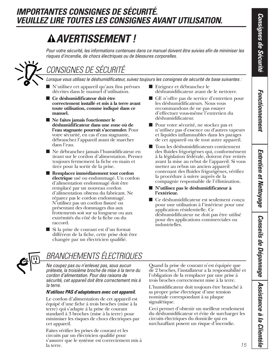 GE AHR50, AHR65, AHR40, AHW65, AHW30 Consignes DE Sécurité, Branchements Électriques, Dépannage Assistance à la Clientèle 