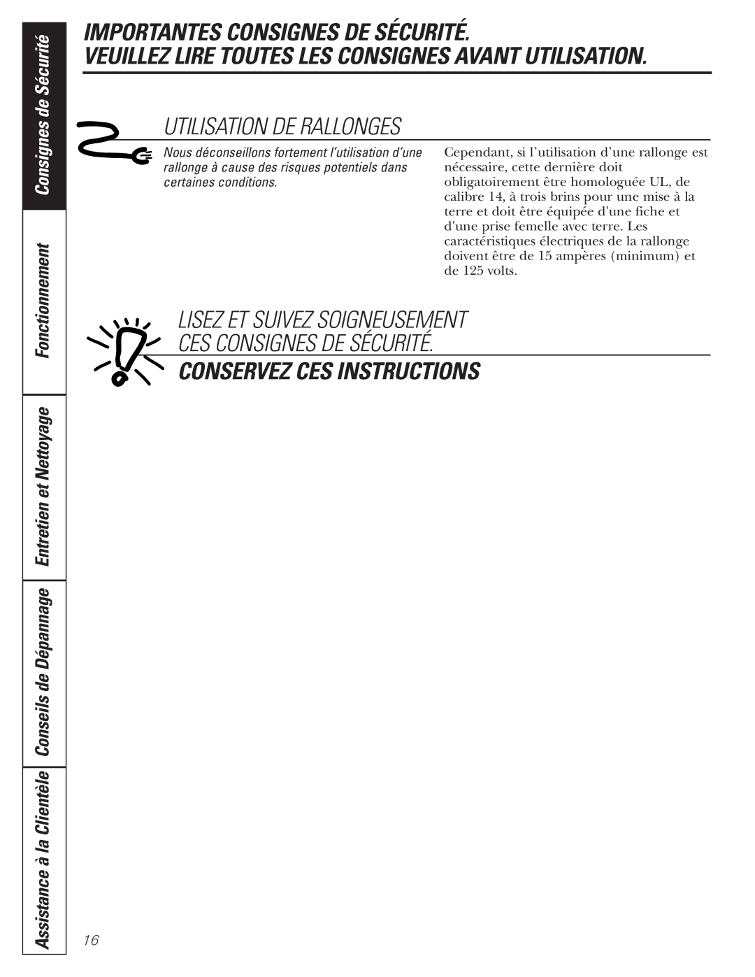 GE AHR65, AHR40 Utilisation DE Rallonges, Lisez ET Suivez Soigneusement CES Consignes DE Sécurité, Instructionsde Sécurité 