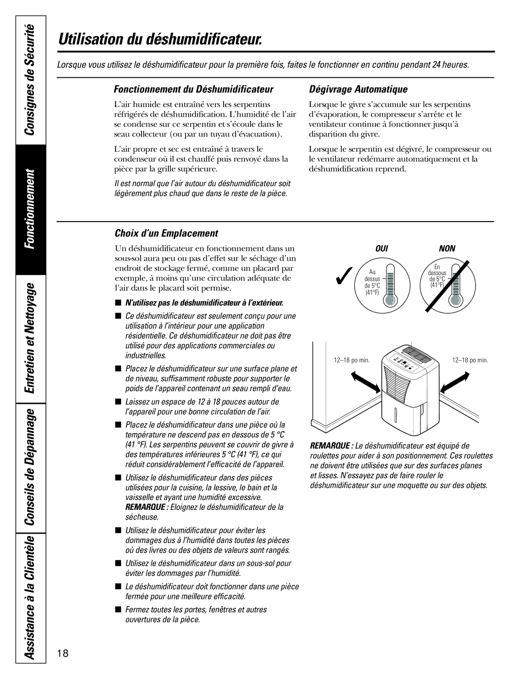 GE AHW65 Utilisation du déshumidificateur, Assistance à la Clientèle Conseils de, Fonctionnement du Déshumidificateur 