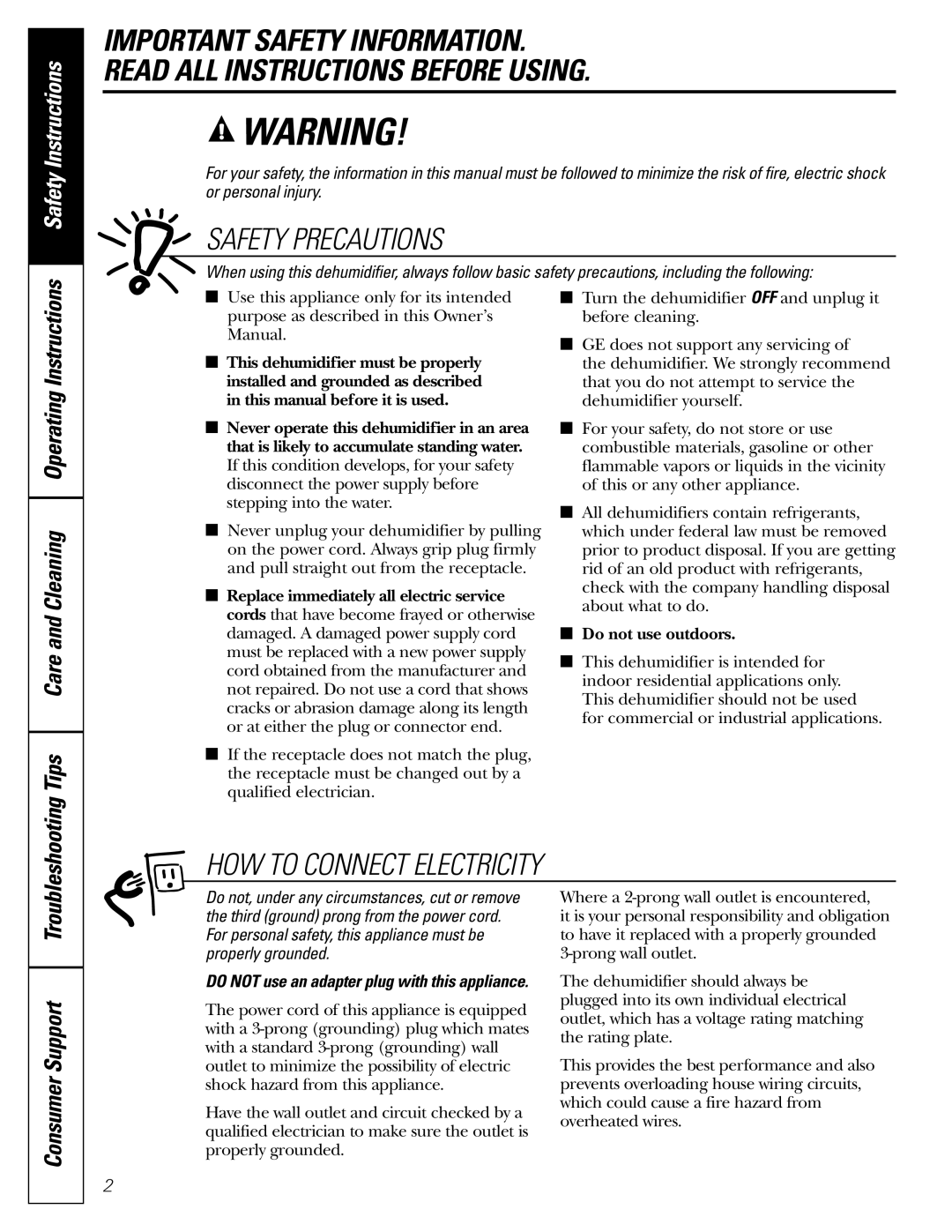 GE AHW65, AHR65, AHR40, AHW30 Safety Precautions, HOW to Connect Electricity, Do not use an adapter plug with this appliance 