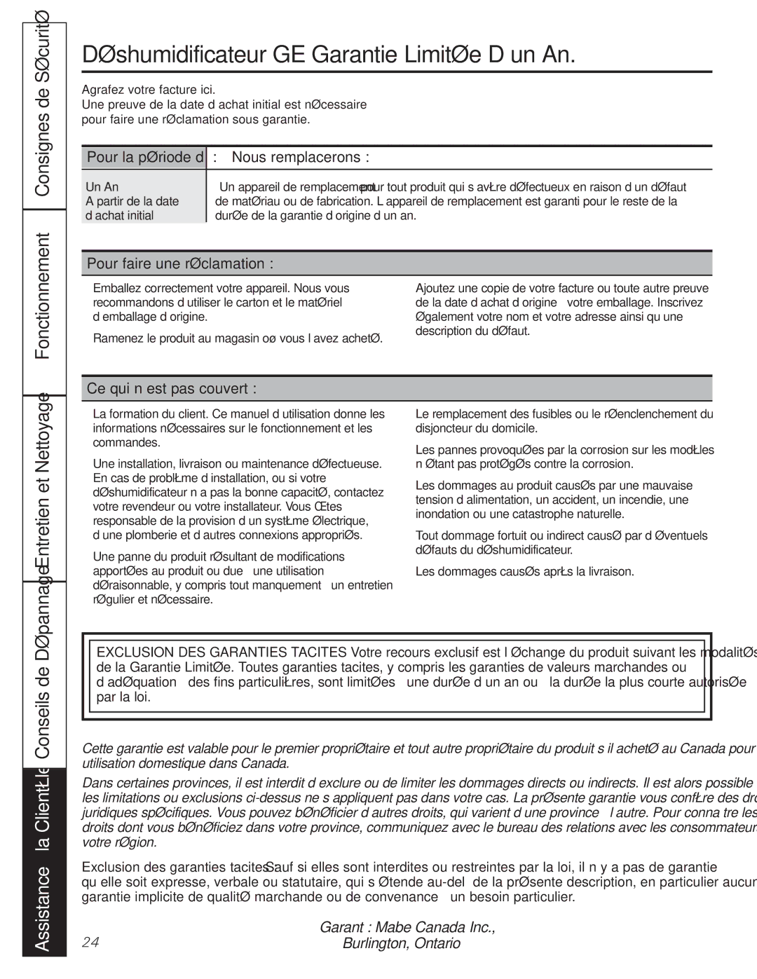 GE AHR65, AHR40, AHW65, AHW30 Déshumidificateur GE-Garantie Limitée D’un An, Nous remplacerons, Pour faire une réclamation 