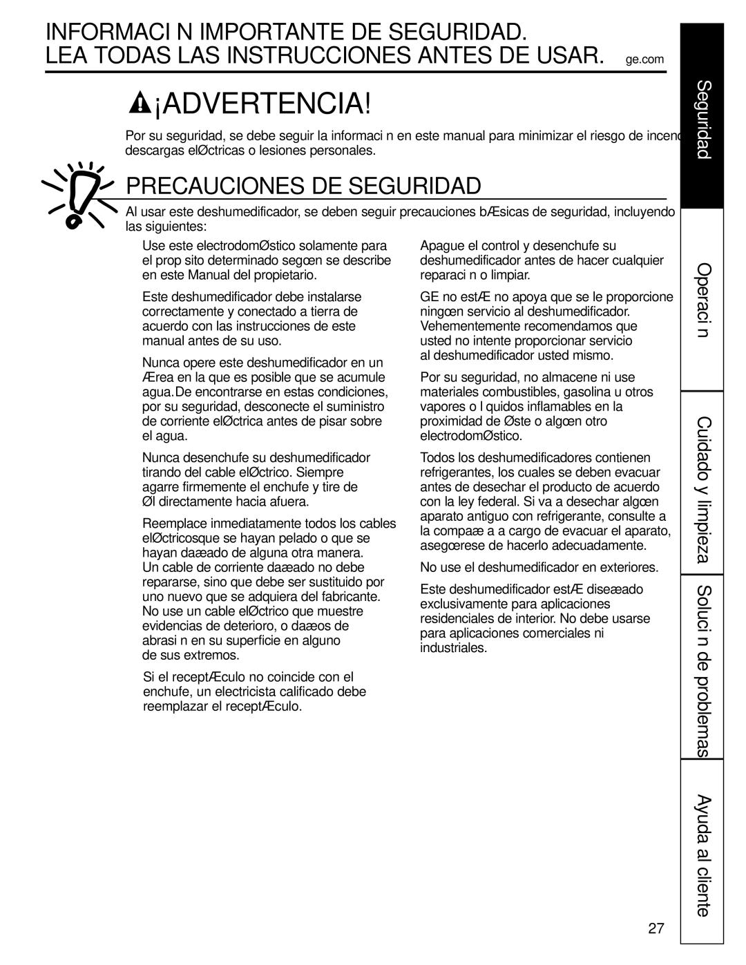 GE AHW30, AHR65, AHR40, AHW65, AHR30 Precauciones DE Seguridad, Cuidado y limpieza Solución de problemas Ayuda al cliente 