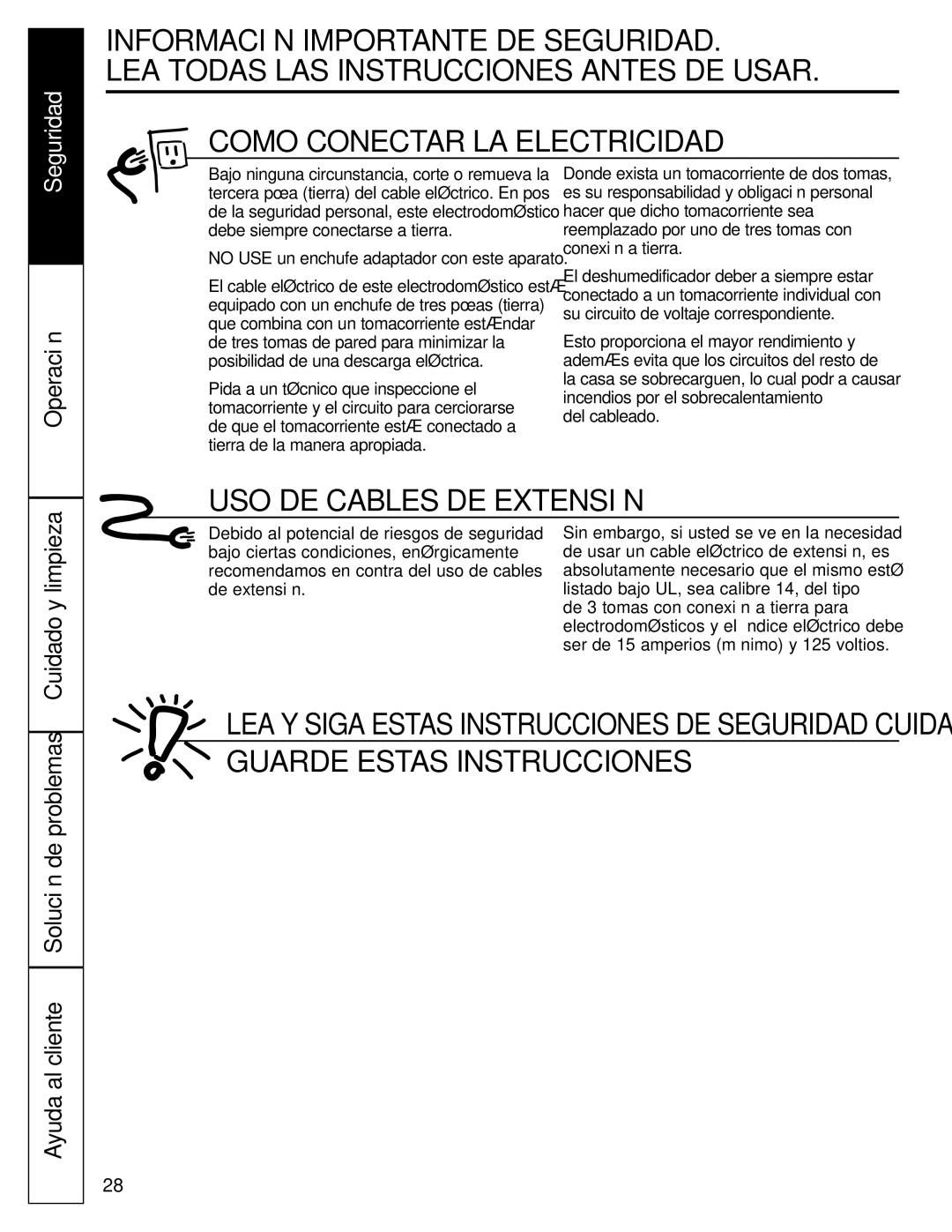 GE AHR30, AHR65 Como Conectar LA Electricidad, USO DE Cables DE Extensión, No USE un enchufe adaptador con este aparato 