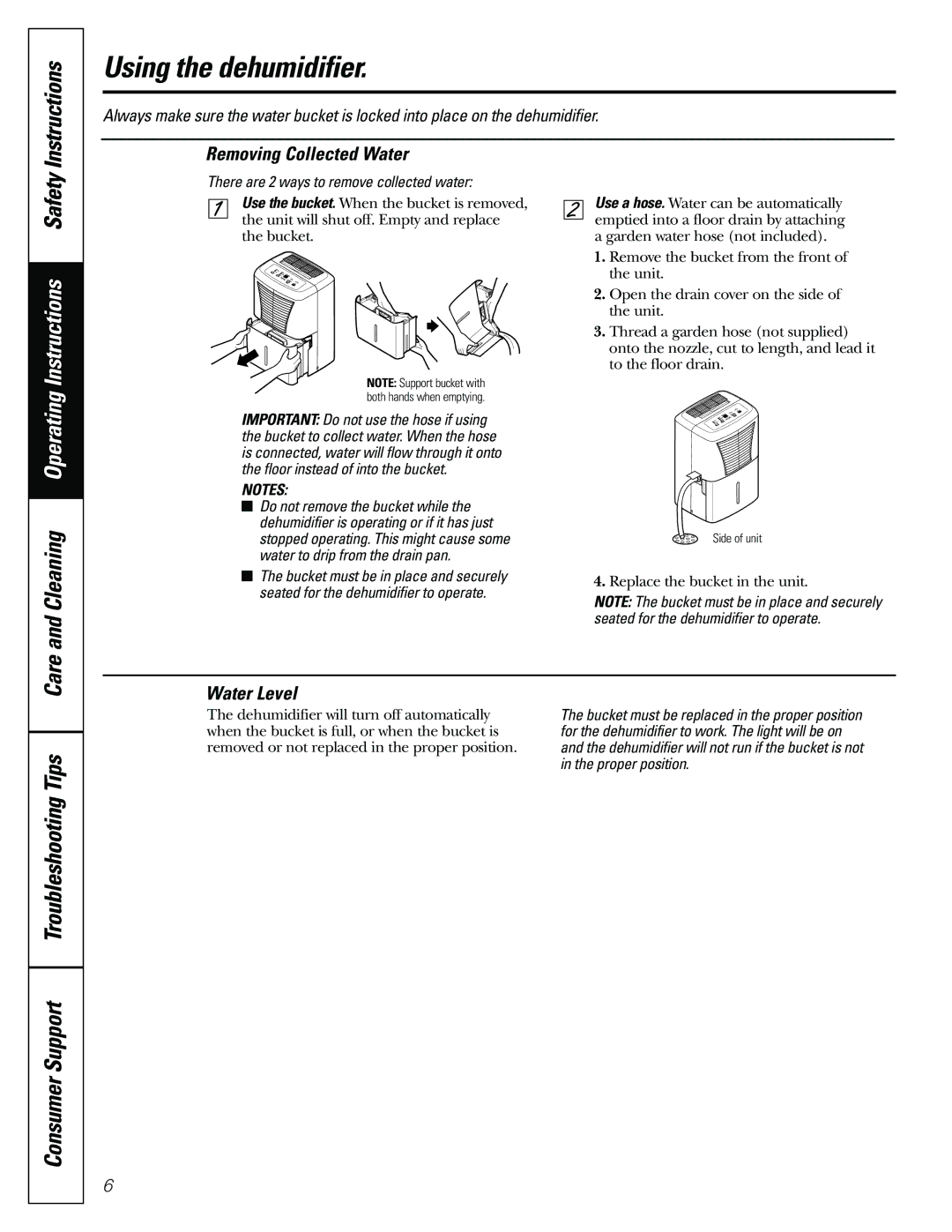 GE AHH50, AHR65, AHR40, AHW65 Consumer Support Troubleshooting Tips Care and Cleaning, Removing Collected Water, Water Level 