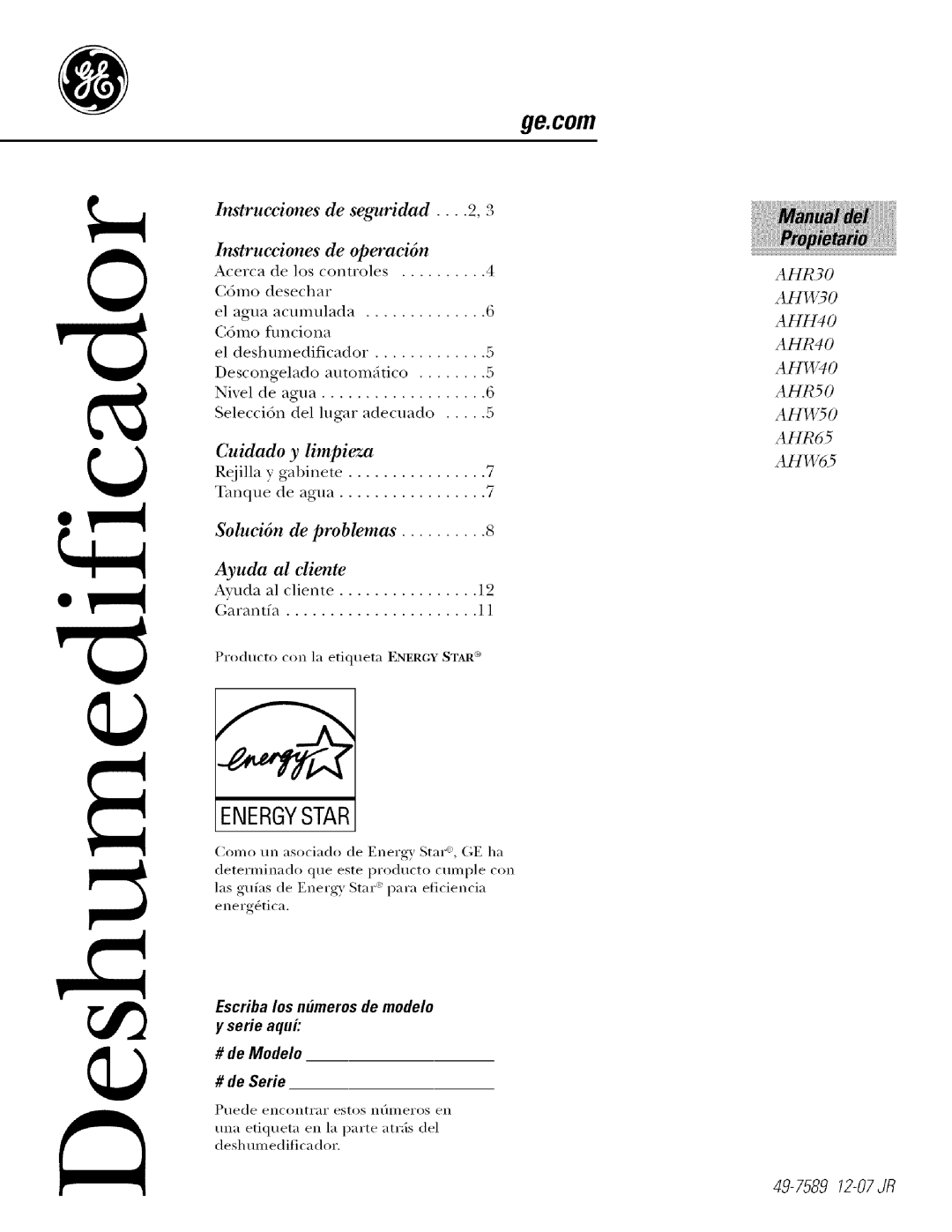 GE AHRSO, AHR65, AHR40, AHW65, AHWSO, AHW30, AHW40, AHH40, AHR30 warranty Soluci6n De problemas 
