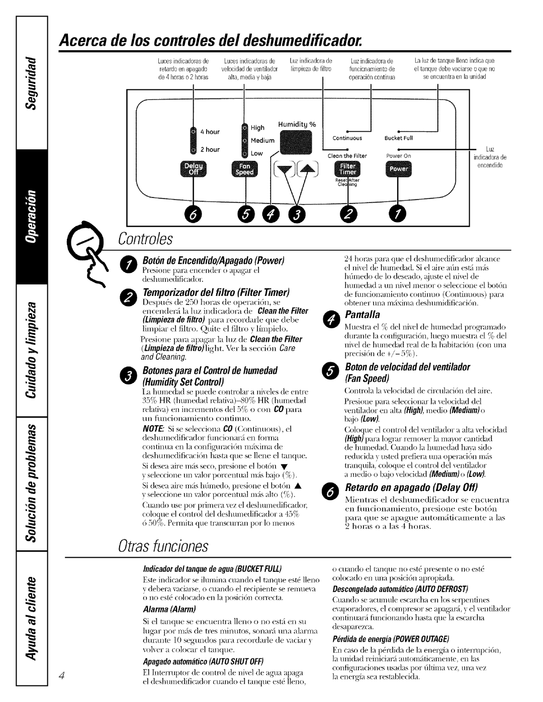 GE AHH40, AHR65, AHR40 Acerca de los controlesdel deshumedificador, Controles, Otrasfunciones, Retardo en apagado Delay Off 