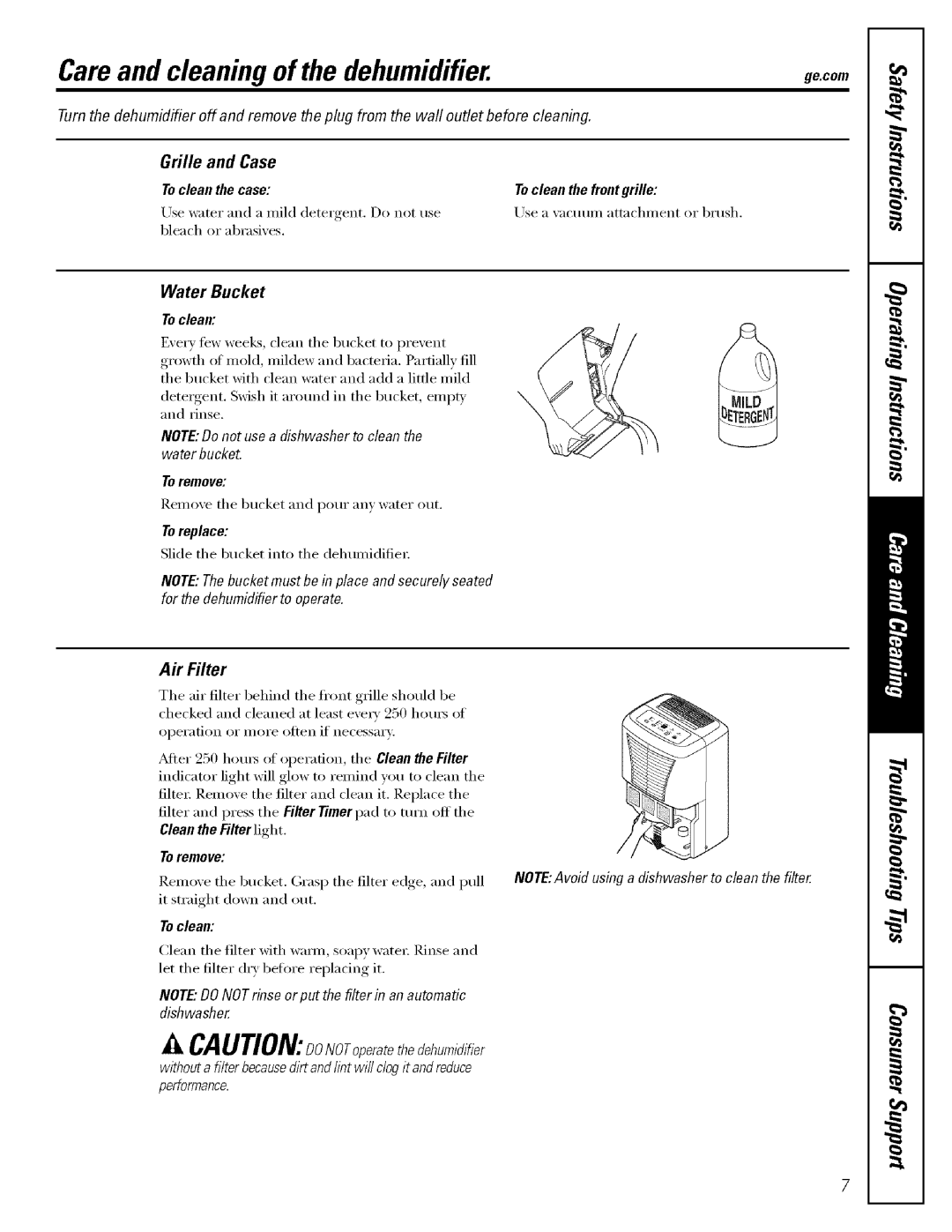 GE AHH40, AHR65, AHR40, AHW65, AHWSO Careand cleaning of the dehumidifier Ge.com, Grille and Case, Air Filter, Water Bucket 