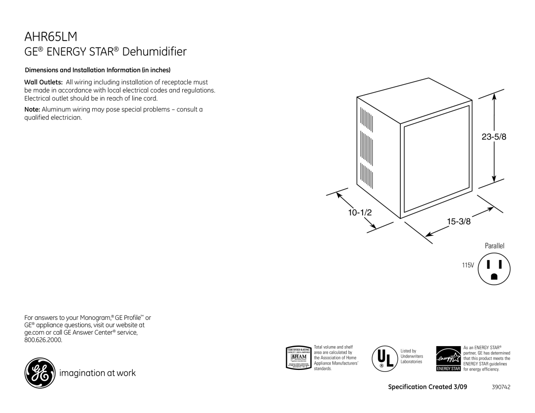 GE AHR65LM dimensions GE Energy Star Dehumidifier, 23-5/8 10-1/2 15-3/8, Parallel 