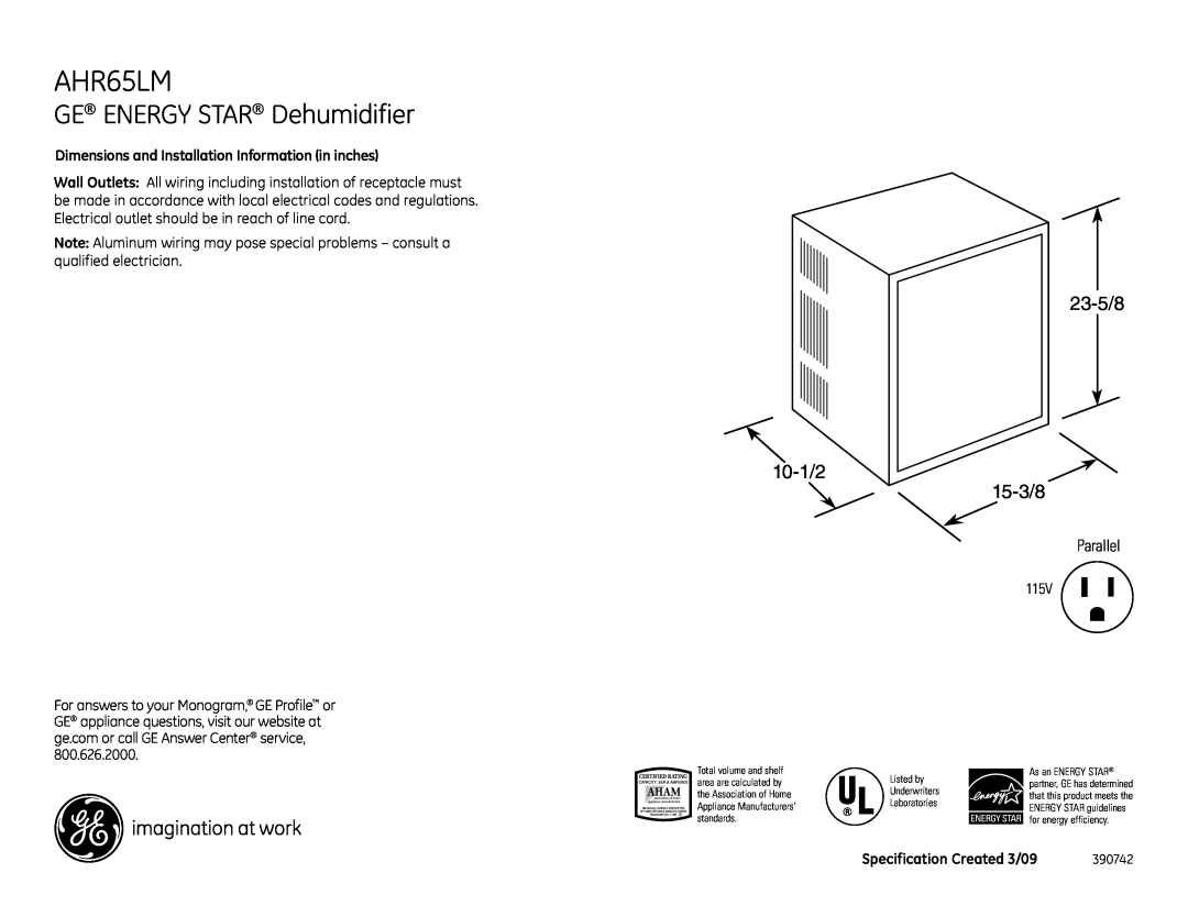 GE AHR65LM dimensions GE ENERGY STAR Dehumidifier, Parallel, Dimensions and Installation Information in inches 