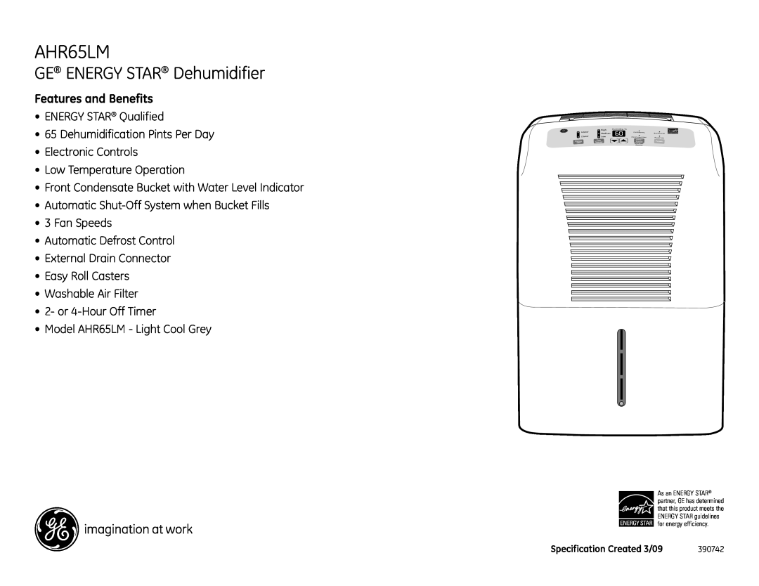 GE AHR65LM dimensions GE ENERGY STAR Dehumidifier, Features and Benefits 