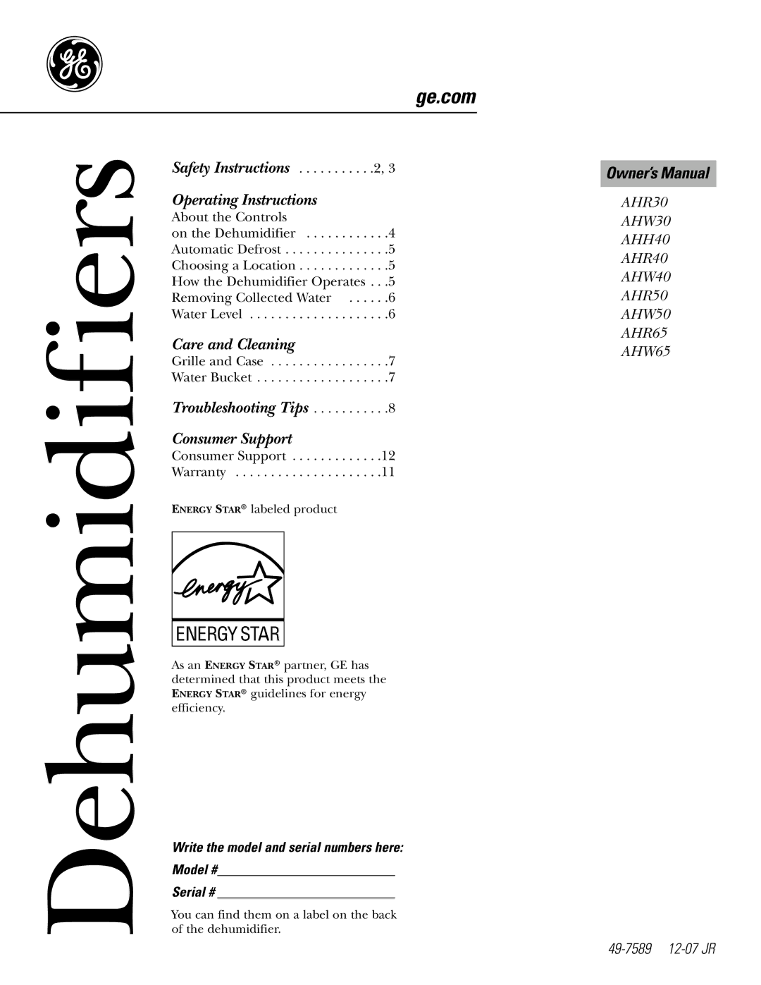 GE AHW30 owner manual Dehumidifiers 