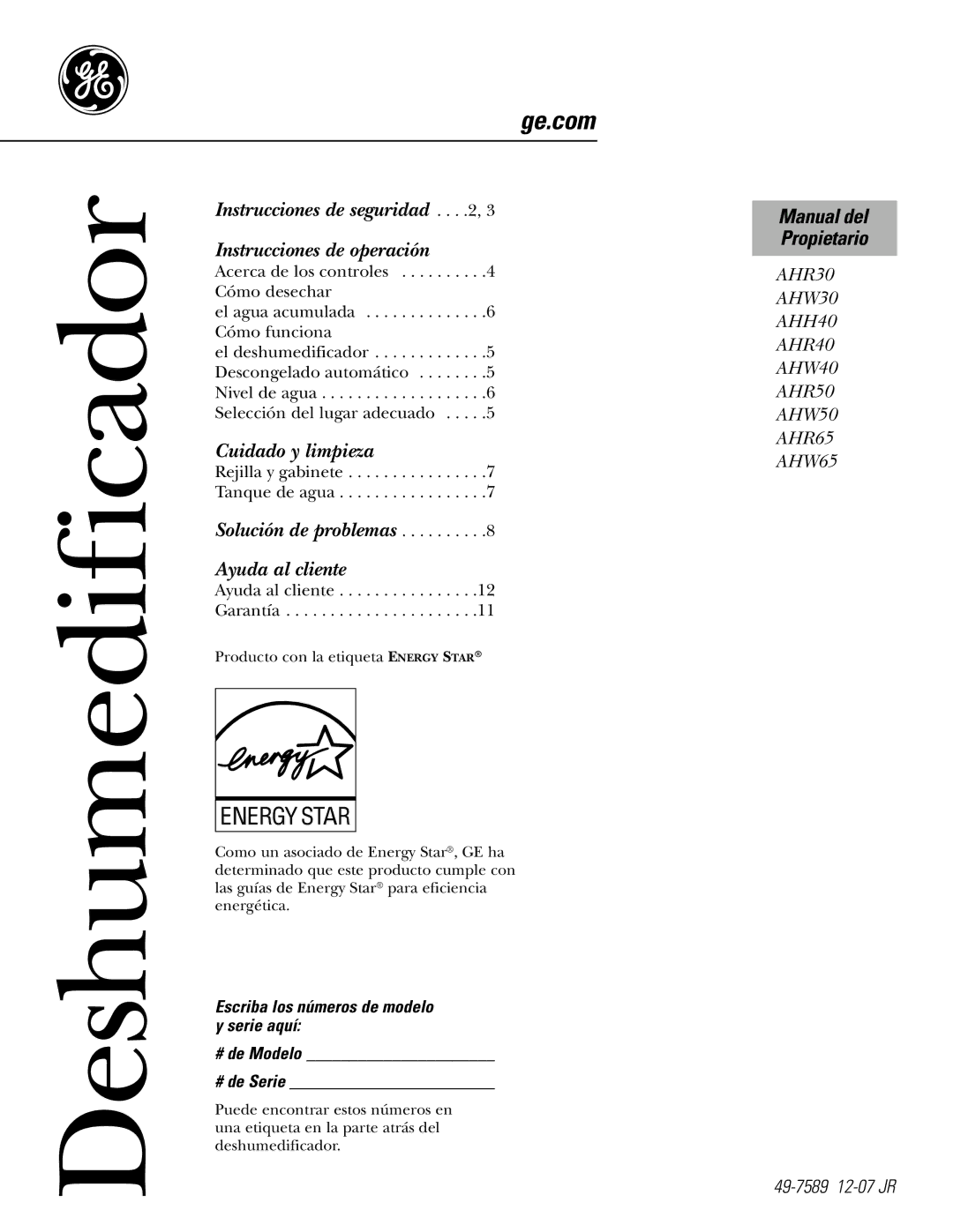 GE AHW30 owner manual Deshumedificador 