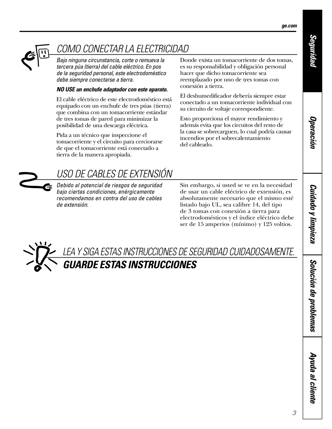 GE AHW30 Como Conectar LA Electricidad, USO DE Cables DE Extensión, Operación, Solución de problemas Ayuda al cliente 