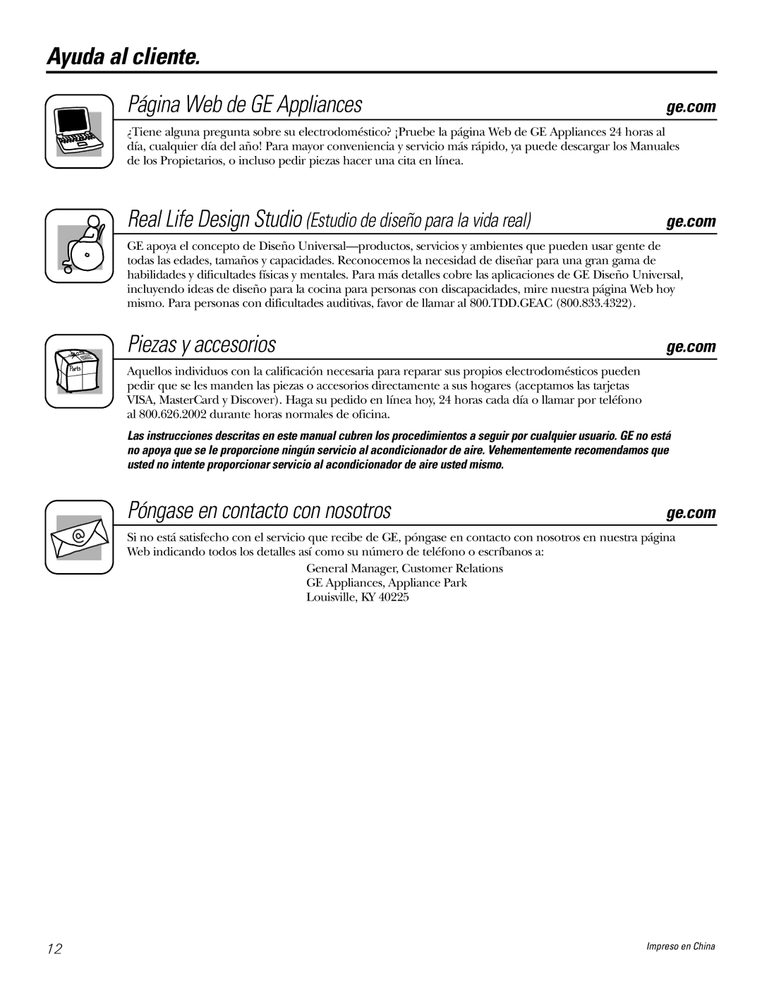 GE AHW30 owner manual Ayuda al cliente Página Web de GE Appliances, Piezas y accesorios, Póngase en contacto con nosotros 