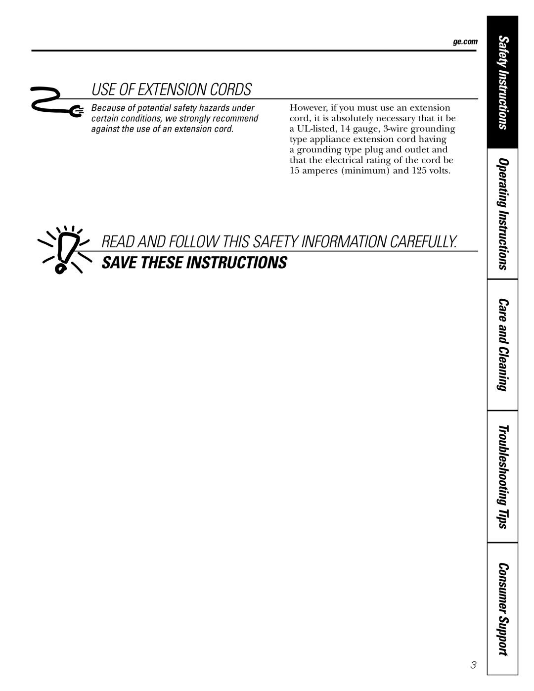 GE AHW30 owner manual USE of Extension Cords, Operating, Ge.com 