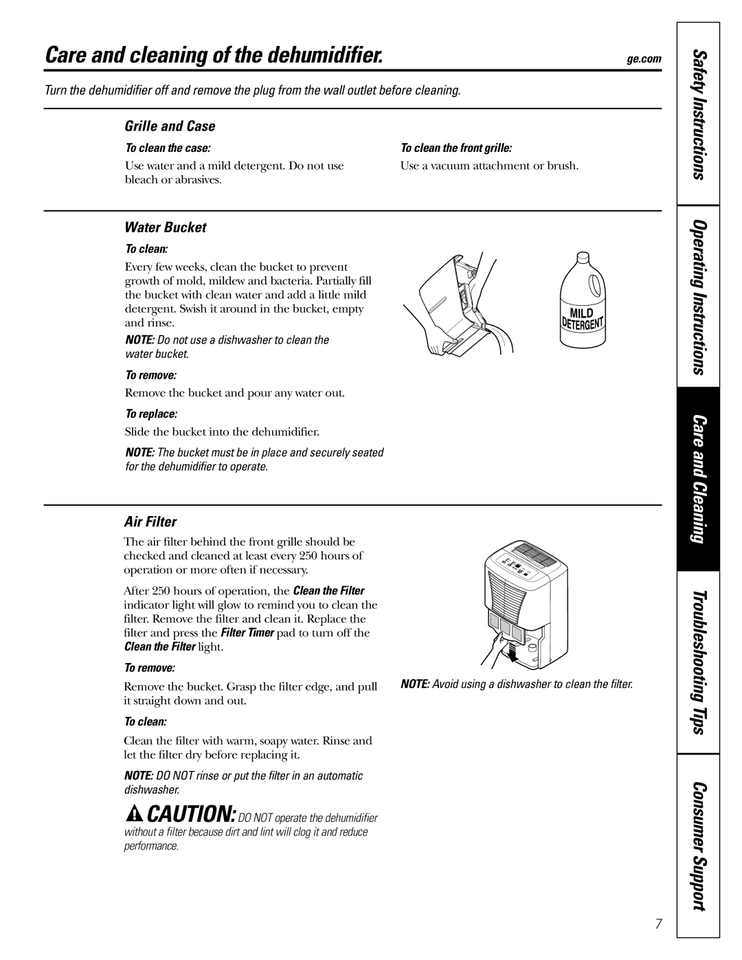 GE AHW30 owner manual Care and cleaning of the dehumidifier, Grille and Case, Water Bucket, Air Filter 