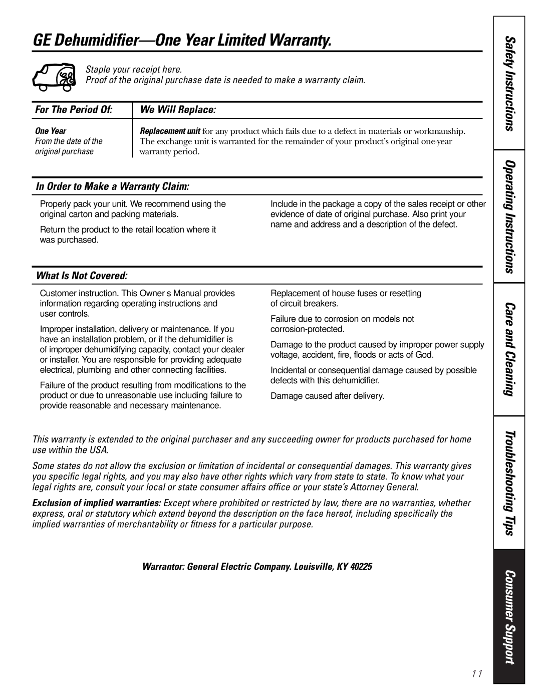 GE AHH40LJ GE Dehumidifier-One Year Limited Warranty, Troubleshooting Tips Consumer Support, What Is Not Covered 