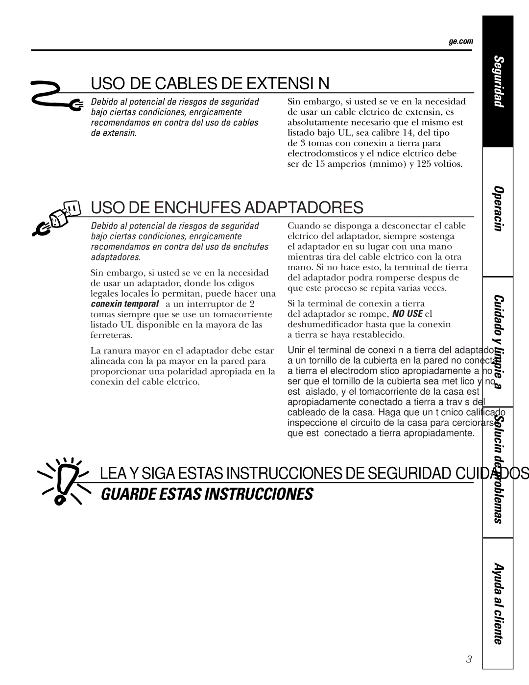 GE AHW30LJ, AHH40LJ owner manual USO DE Cables DE Extensión, De problemas Ayuda al cliente 