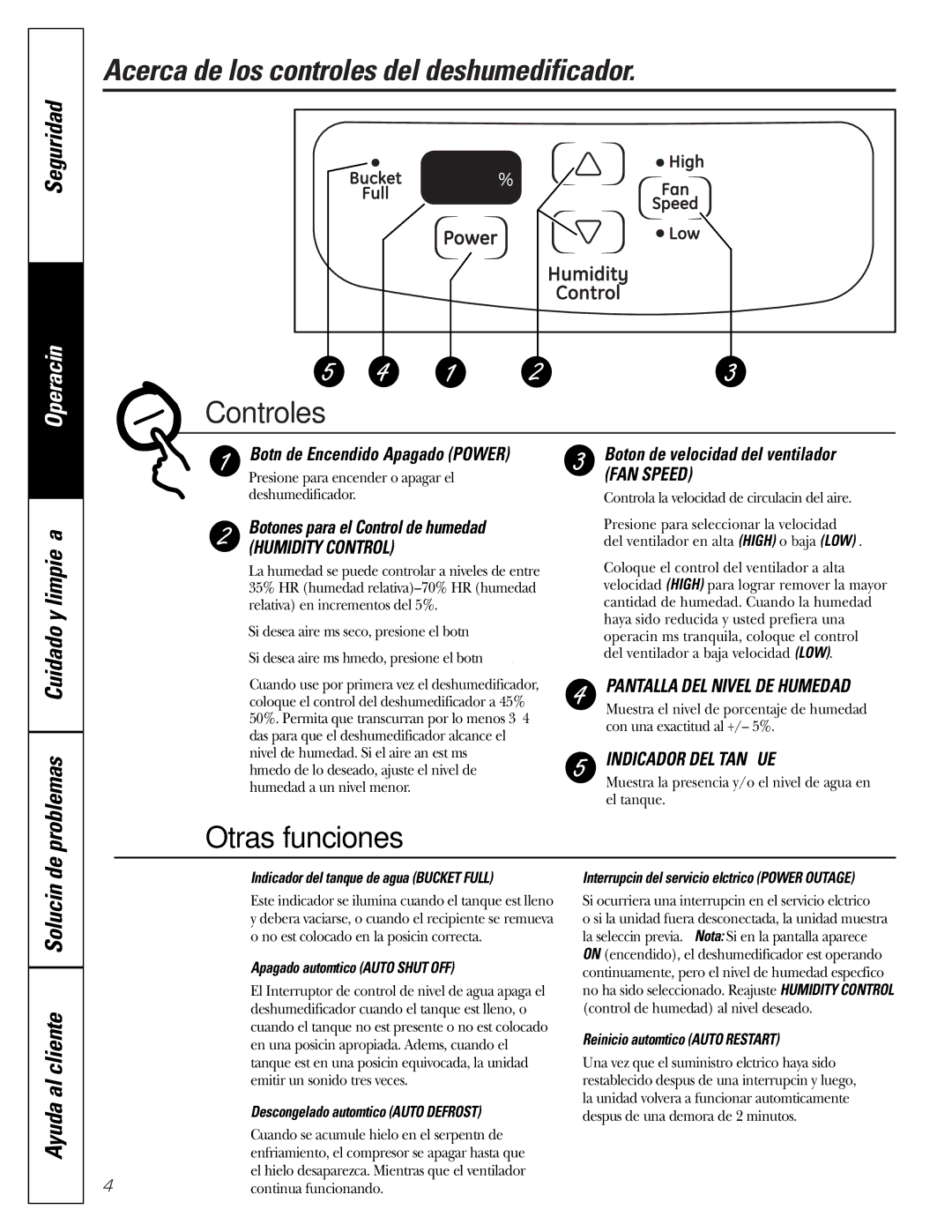 GE AHW30LJ, AHH40LJ owner manual Acerca de los controles del deshumedificador, Seguridad, Problemas Cuidado y limpieza 