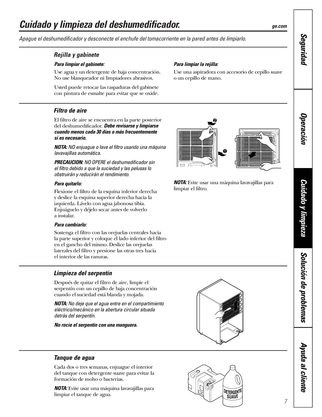 GE AHW30LJ, AHH40LJ owner manual Cuidado y limpieza del deshumedificador, Operación 