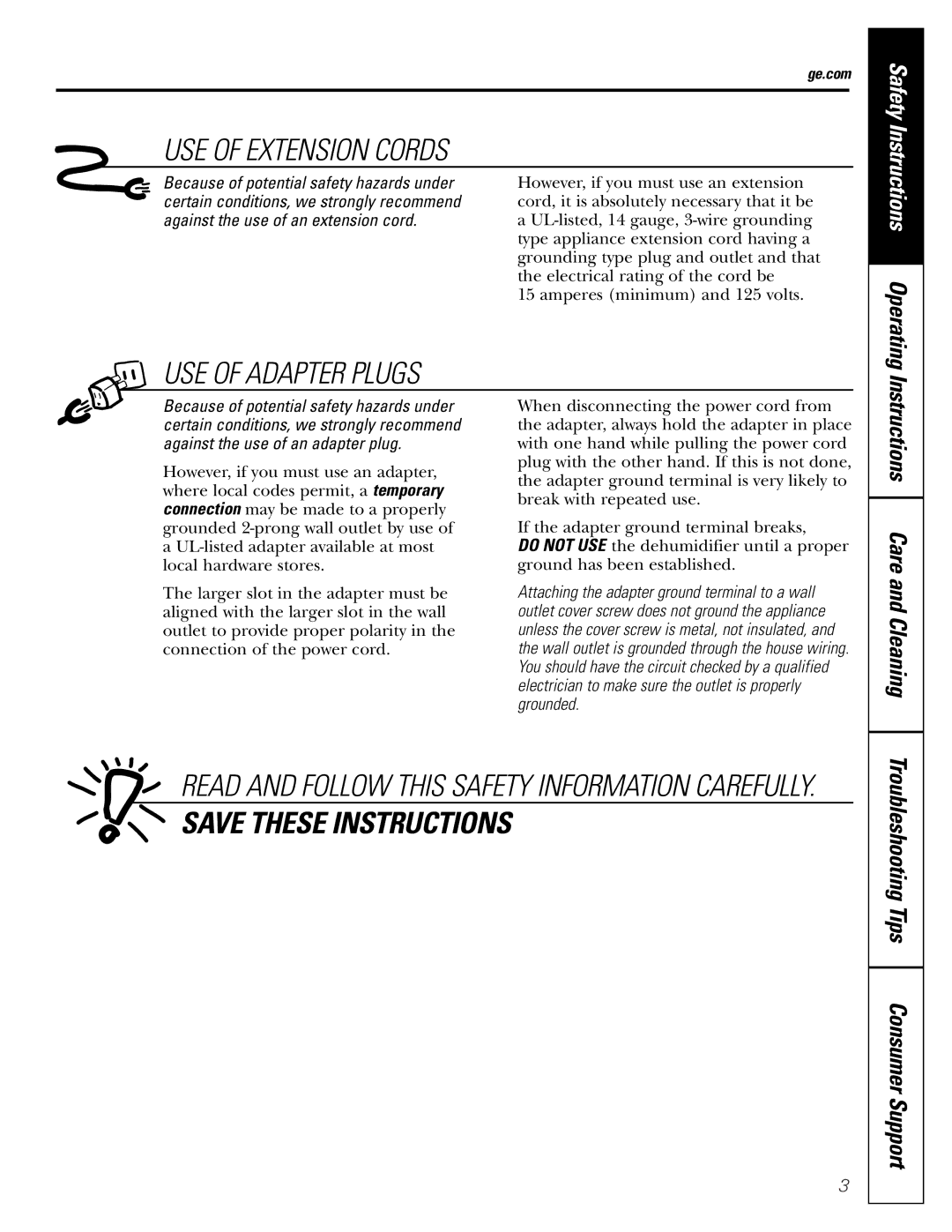 GE AHW30LJ, AHH40LJ owner manual USE of Extension Cords, Ge.com 