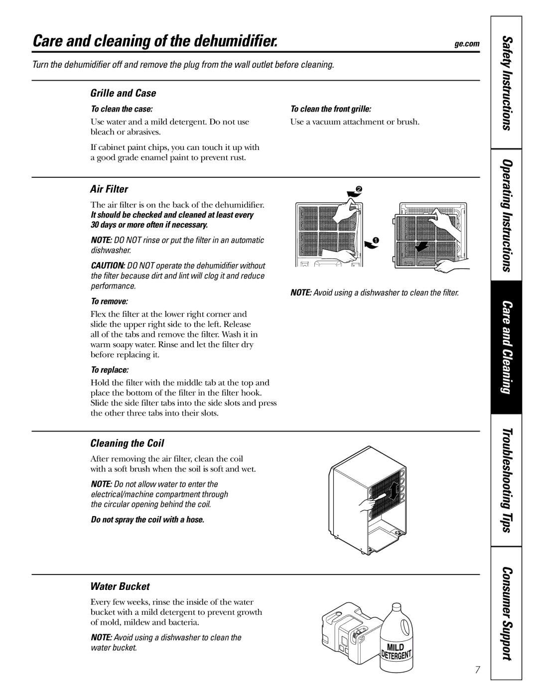 GE AHH40LJ owner manual Care and cleaning of the dehumidifier, Grille and Case, Air Filter, Cleaning the Coil, Water Bucket 