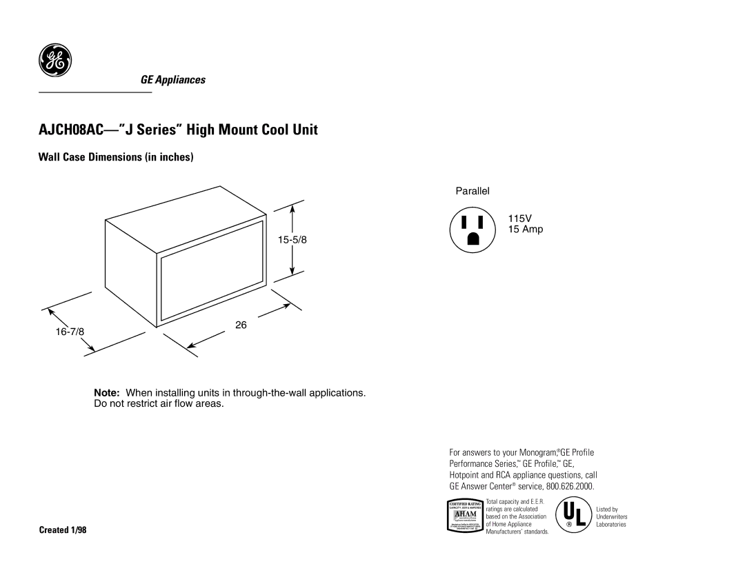 GE AJCH08AC dimensions Wall Case Dimensions in inches, Created 1/98 