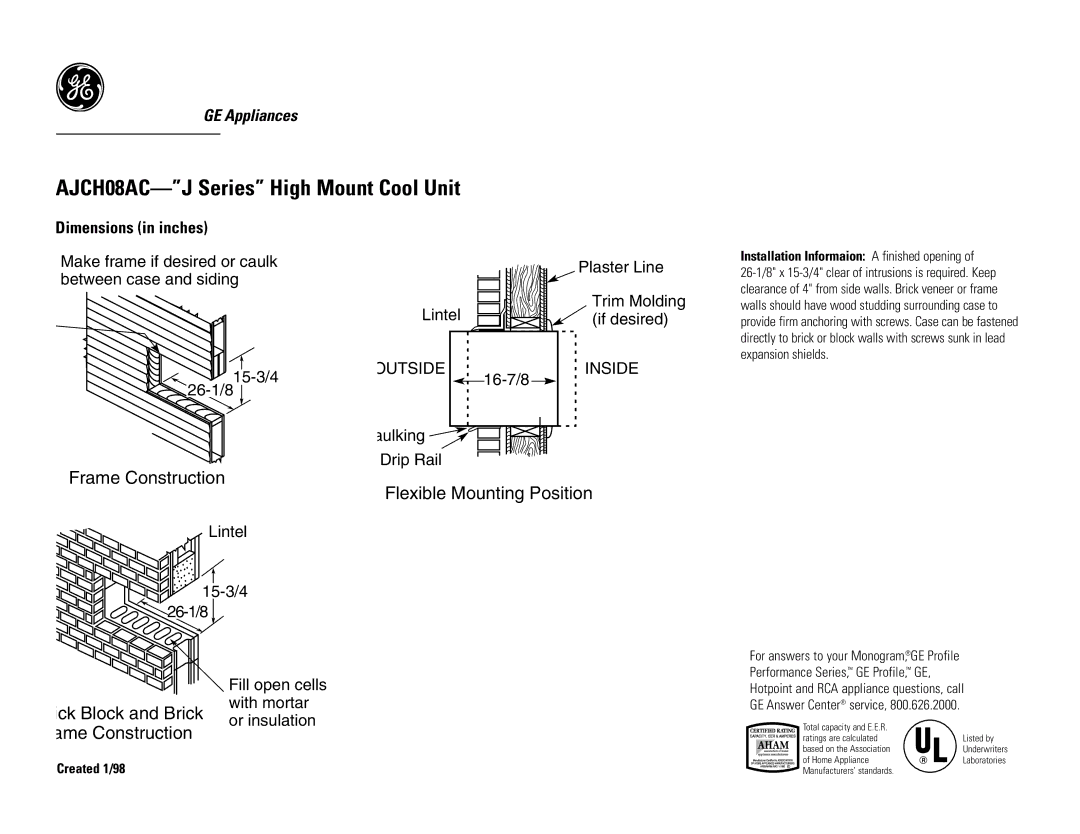 GE AJCH08AC dimensions Frame Construction, Flexible Mounting Position, Dimensions in inches 