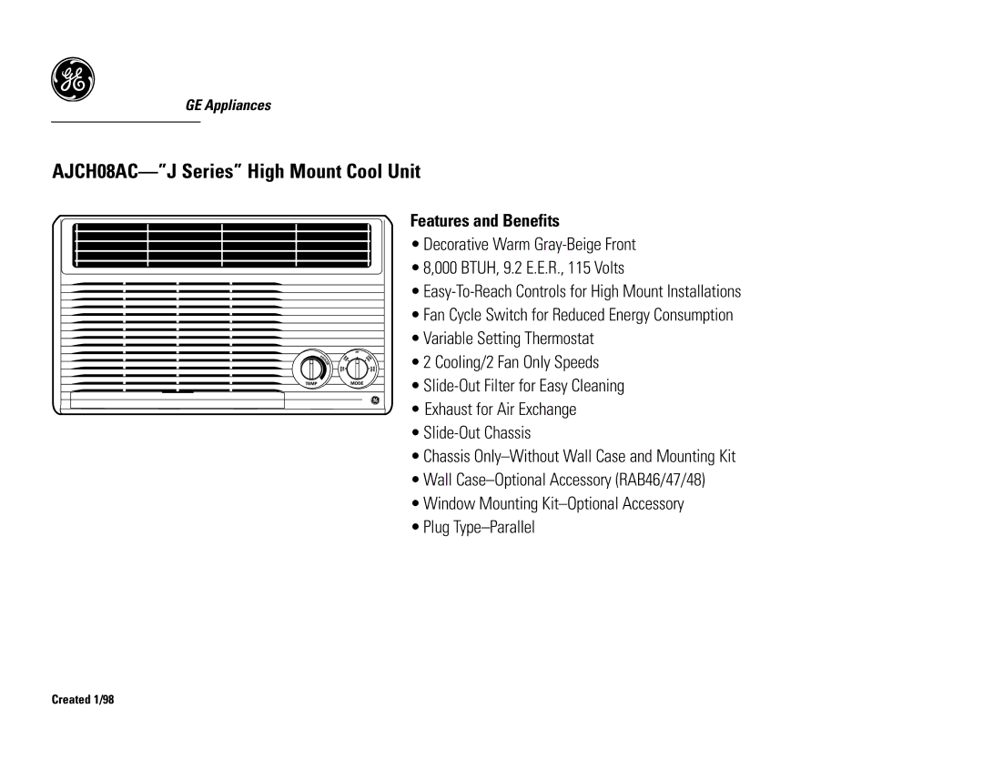 GE AJCH08AC dimensions Features and Benefits 