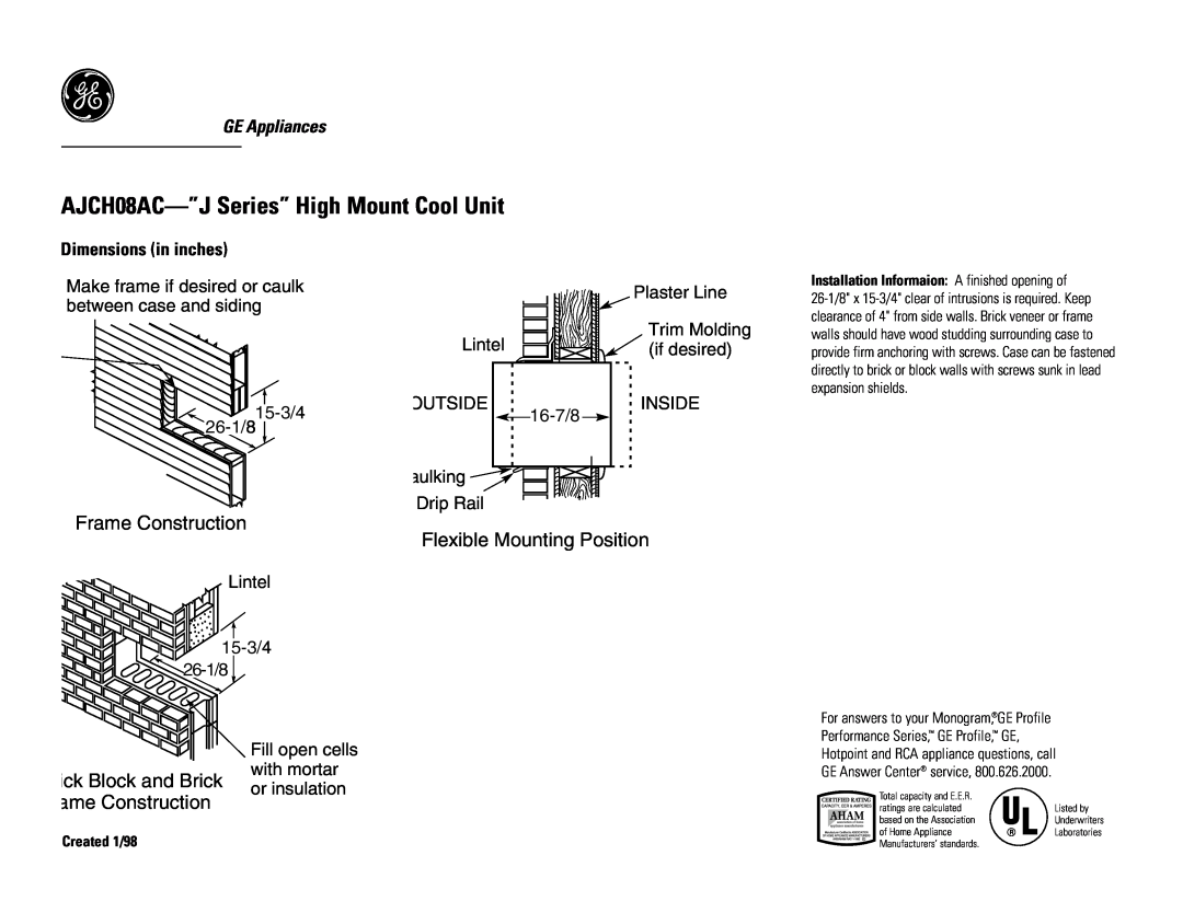 GE AJCH08AC-”JSeries” High Mount Cool Unit, Frame Construction, Flexible Mounting Position, GE Appliances, Lintel 