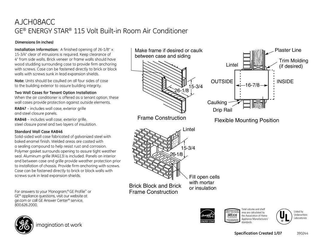 GE AJCH08ACC Frame Construction Flexible Mounting Position, Brick Block and Brick or insulation Frame Construction 