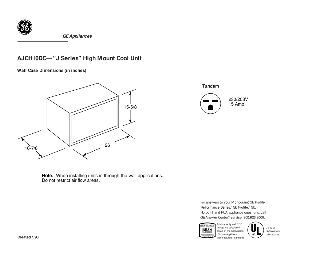 GE dimensions AJCH10DC-J Series High Mount Cool Unit, Wall Case Dimensions in inches, Created 1/98 