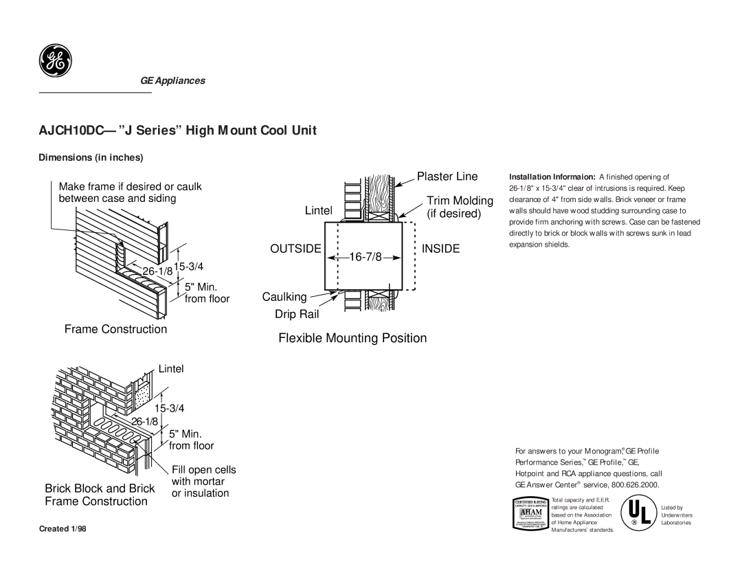 GE AJCH10DC dimensions Flexible Mounting Position, Outside, Inside 