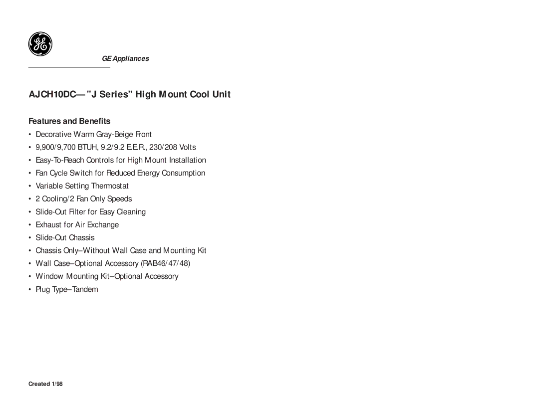 GE AJCH10DC dimensions Features and Benefits 
