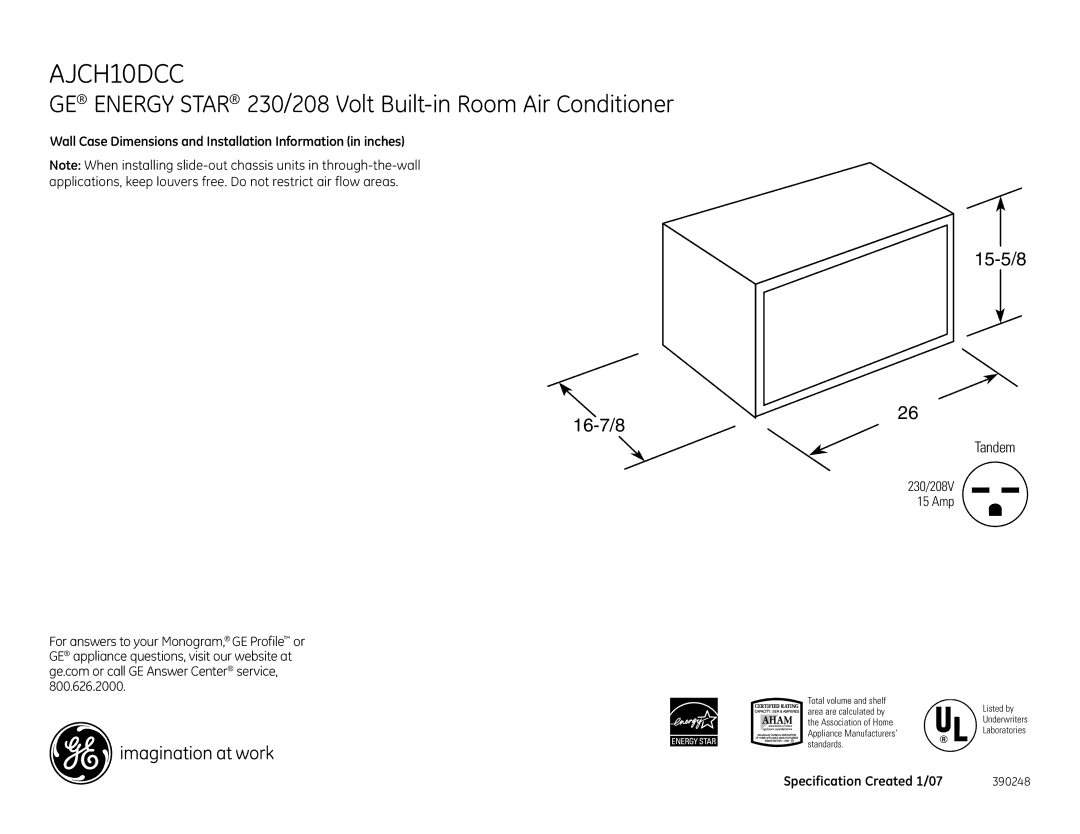 GE AJCH10DCC dimensions 16-7/8 15-5/8, Wall Case Dimensions and Installation Information in inches 