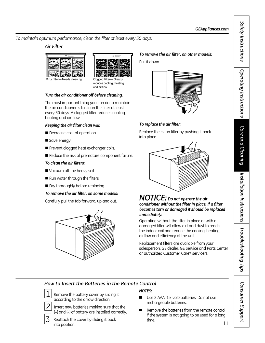 GE AJCM 08 ACD Safety Air Filter, How to Insert the Batteries in the Remote Control, Consumer Support 