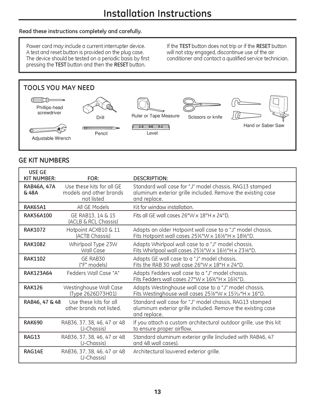 GE AJCM 08 ACD installation instructions Tools YOU MAY Need, GE KIT Numbers 